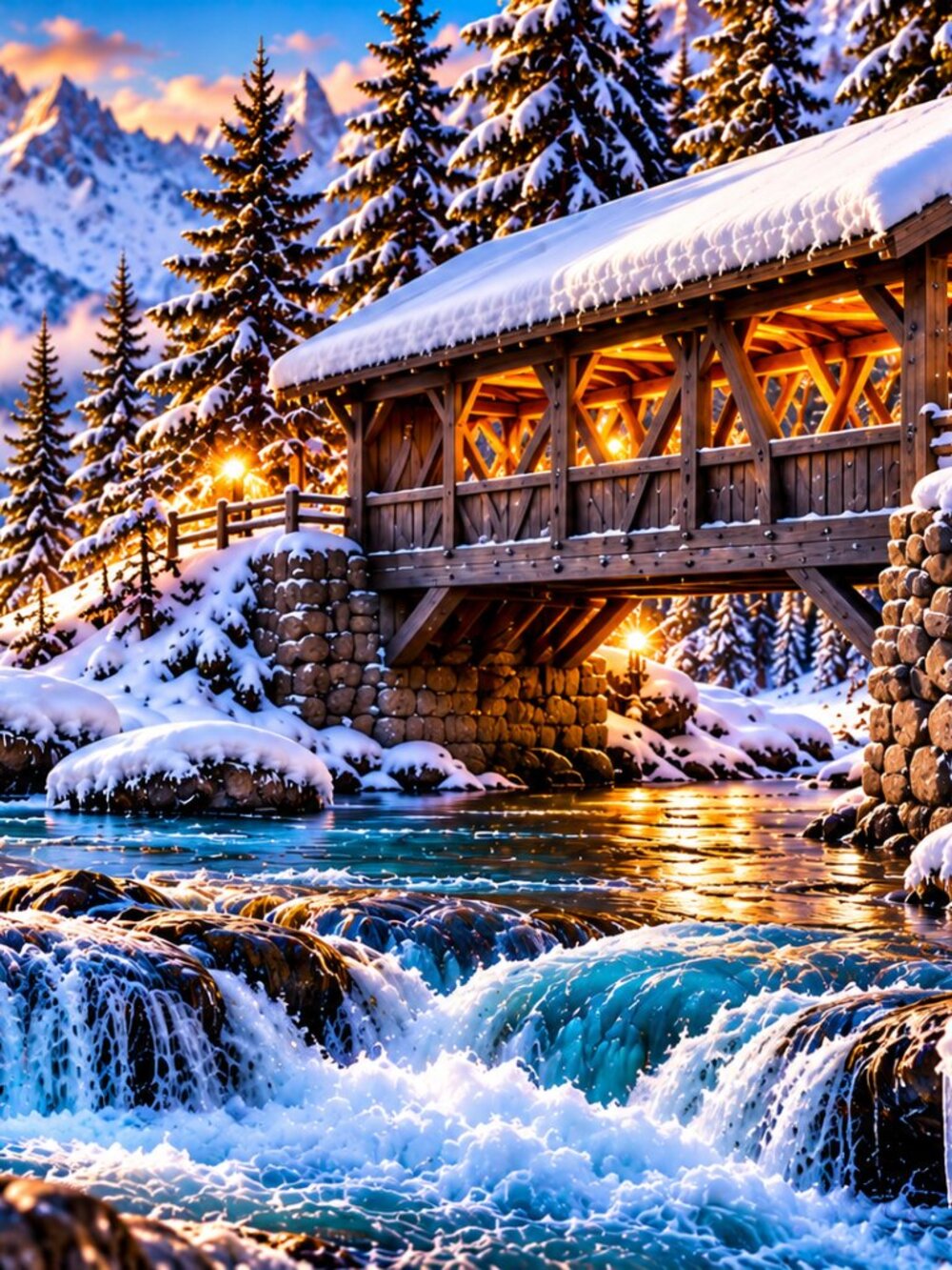 Winter Mountain Wall Art, Covered Bridge Snow Print - Picture 5 of 10